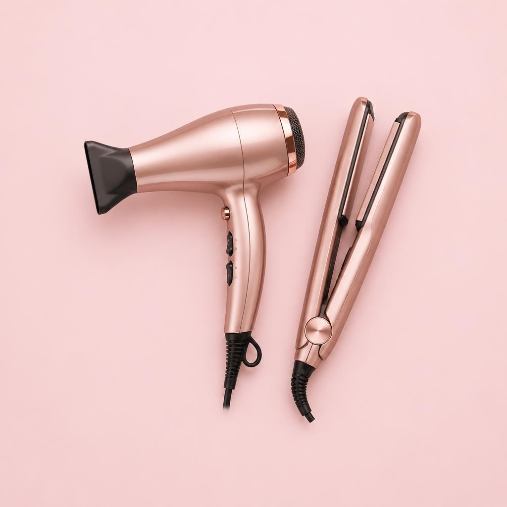 Rose gold hair dryer and flat iron
